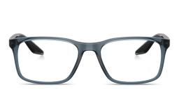 Shop Prada Linea Rossa Logo Lettering Square Eyeglasses in Transparent Blue online.
