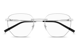 Shop Dunhill Signature Barley Bridge Rimless Irregular Eyeglasses in Silver online.