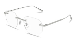 Shop Dunhill Engraved Logo Rimless Irregular Eyeglasses in Silver online.