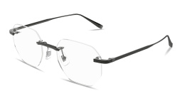 Shop Dunhill Engraved Logo Rimless Irregular Eyeglasses in Ruthenium online.