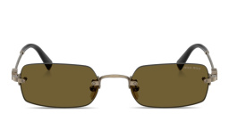 Shop MIU MIU Vertical Logo Rimless Rectangle Sunglasses in Gold online.