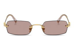 Shop MIU MIU Vertical Logo Rimless Rectangle Sunglasses in Gold online.