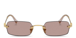 Shop MIU MIU Vertical Logo Rimless Rectangle Sunglasses in Gold online.