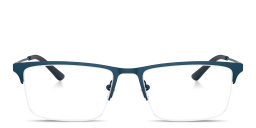 Shop Emporio Armani Eagle Logo Half-Rim Wide Rectangle Eyeglasses in Blue online.