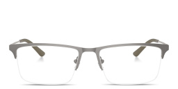 Shop Emporio Armani Eagle Logo Half-Rim Wide Rectangle Eyeglasses in Matte Grey online.