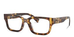 Shop MIU MIU Vertical Logo Square Eyeglasses in Honey Havana online.