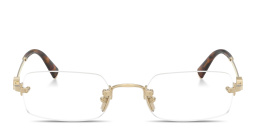 Shop MIU MIU Vertical Logo Rimless Rectangle Eyeglasses in Polished Gold online.