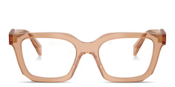 Shop PRADA Logo Signature Square Eyeglasses in Transparent Chocolate online.