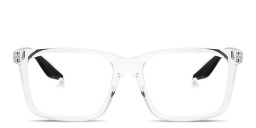 Shop Prada Linea Rossa Logo Signature Wide Rectangle Eyeglasses in Crystal online.