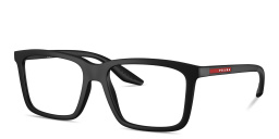 Shop Prada Linea Rossa Logo Signature Wide Rectangle Eyeglasses in Rubber Black online.