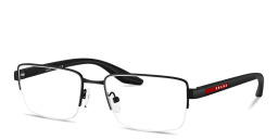 Shop Prada Linea Rossa Logo Signature Half-Rim Pillow Eyeglasses in Rubber Black online.