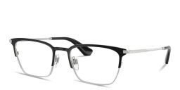 Shop BURBERRY Engraved Logo Rectangle Eyeglasses in Black & Silver online.