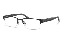 Shop VERSACE Greca Half-Rim Rectangle Eyeglasses in Black online.