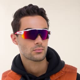 Shop Oakley Radar EV Path Half-Rim Mask Sunglasses in Polished White online.