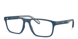 Shop Emporio Armani Logo Wide Rectangle Eyeglasses in Matte Blue online.