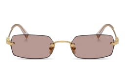 Shop MIU MIU Vertical Logo Rimless Rectangle Sunglasses in Polished Gold online.
