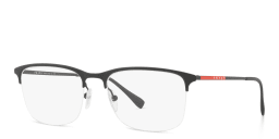 Shop Prada Linea Rossa Half-Rim Wide Rectangle Eyeglasses in Rubber Black online.