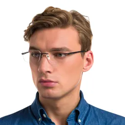 Shop EYE'M Rimless Wide Rectangle Eyeglasses in Black online.