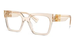 Shop MIU MIU Vertical Logo Square Eyeglasses in Matte Sand online.
