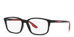 Shop Prada Linea Rossa Wide Pillow Eyeglasses in Black online.