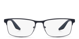 Shop Prada Linea Rossa Logo Signature Wide Rectangle Eyeglasses in Blue online.