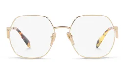 Shop PRADA Triangle Logo Oversized Wide Irregular Eyeglasses in Pale Gold online.