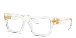 Shop MIU MIU Vertical Logo Rectangle Eyeglasses in Clear online.