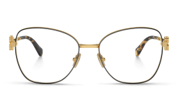 Shop MIU MIU Vertical Logo Wide Cat-Eye Eyeglasses in Gold Black online.
