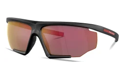 Shop Prada Linea Rossa Logo Half-Rim Wide Irregular Sunglasses in Black online.