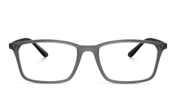 Shop Emporio Armani Logo Wide Rectangle Eyeglasses in Shiny Transparent Black online.
