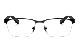 Shop Emporio Armani Logo Wide Half-Rim Irregular Eyeglasses in Matte Black online.