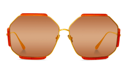 Shop LINDA FARROW Margot Oversized Wide Irregular Sunglasses in Yellow online.