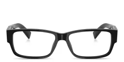 Shop PRADA Logo Lettering Wide Rectangle Eyeglasses in Shiny Black online.