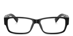 Shop PRADA Logo Lettering Wide Rectangle Eyeglasses in Black online.