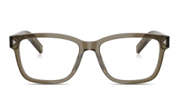 Shop PRADA Engraved Logo Wide Rectangle Eyeglasses in Transparent Brown online.