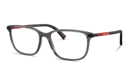 Shop Prada Linea Rossa Logo Lettering Pillow Eyeglasses in Transparent Grey online.