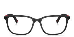 Shop Prada Linea Rossa Logo Lettering Pillow Eyeglasses in Black Rubber online.
