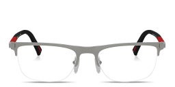 Shop Prada Linea Rossa Logo Signature Wide Half-Rim Pillow Eyeglasses in Matte Brushed Lead online.