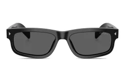 Shop PRADA Engraved Logo Rectangle Sunglasses in Black online.