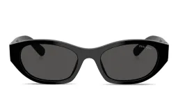 Shop MIU MIU Vertical Logo Irregular Sunglasses in Black online.
