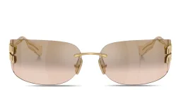 Shop MIU MIU Vertical Logo Rimless Wide Mask Sunglasses in Gold online.