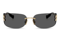 Shop MIU MIU Vertical Logo Rimless Wide Mask Sunglasses in Gold online.