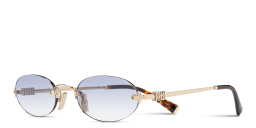 Shop MIU MIU Vertical Logo Rimless Oval Sunglasses in Gold online.
