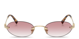 Shop MIU MIU Vertical Logo Rimless Oval Sunglasses in Gold online.