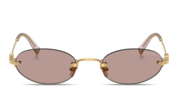 Shop MIU MIU Vertical Logo Rimless Oval Sunglasses in Gold online.
