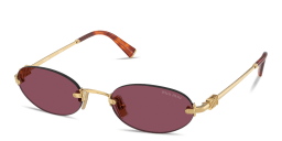 Shop MIU MIU Vertical Logo Rimless Oval Sunglasses in Gold online.