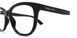 Shop Alexander McQueen Logo Lettering Cat-Eye Eyeglasses in Black online.