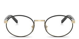 Shop PRADA Logo Lettering Oval Eyeglasses in Gold online.