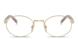 Shop PRADA Logo Lettering Oval Eyeglasses in Polished Gold online.