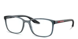 Shop Prada Linea Rossa Logo Signature Pillow Eyeglasses in Transparent Azure online.